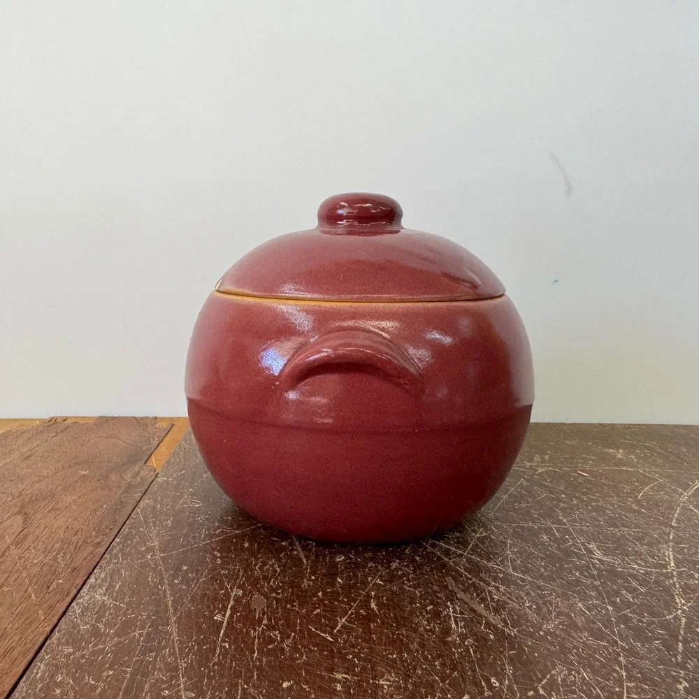 Uhl Pottery Co. Crock Stoneware Grease Drip‎ Burgundy Glaze Ceramic Lid Vintage